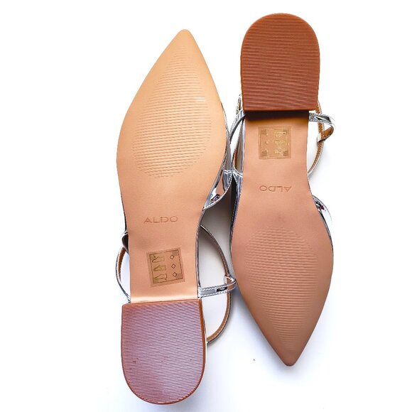 ALDO Sarine Ankle Strap Pointed Toe Flat In Metallic Silver Size 8.5 - Picture 15 of 16